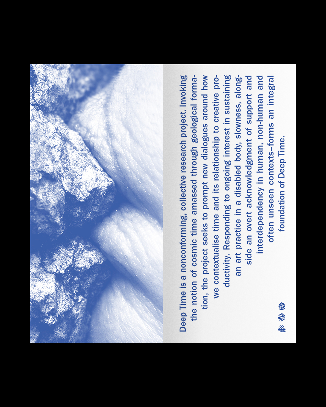 A spread of a publication on a black background. The text and image are blue.