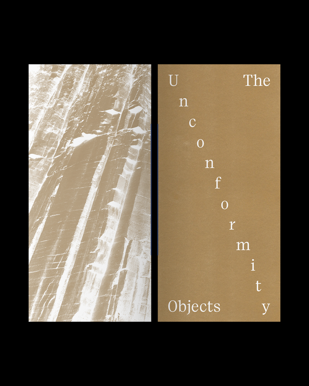 The front and back cover of a publication on a black background. The front cover reads 'The Unconformity Objects'. The back cover is an inverted image of a rock or cliff. Both covers are a mix of gold and white.