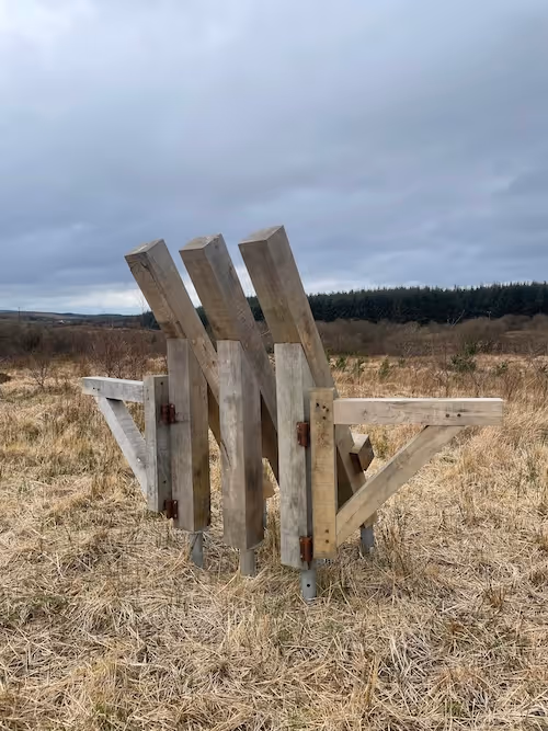 A portrait image of a wooden sculpture in a field of long yellow straggly dry grasses with a band of green forest on the horizon before meeting a bank of white-grey puffy sky of clouds. The sculpture consists of three wooden posts sunk into the ground, with three longer posts leaning at a diagonal from behind at an overhang over the first three. Attached via hinges to the two outer posts are triangular wings.